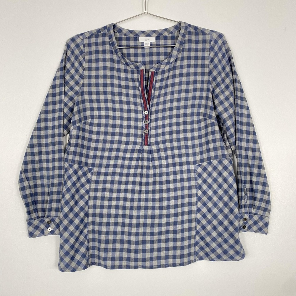J Jill Shirt Womens Medium Petite Blue Plaid Gingham Tunic Long Sleeve Outdoor